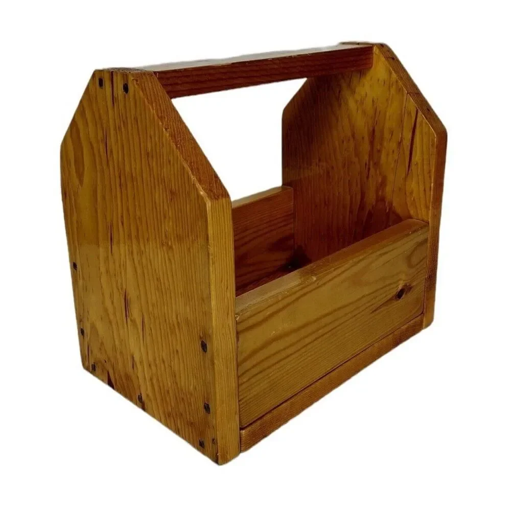 Vintage Wood Top Handle Open Tool Caddy Tote Carry Storage Shoeshine Box